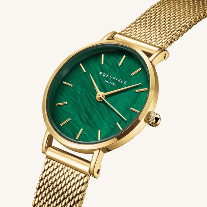 Ladies gold watch with a green dial and gold mesh strap