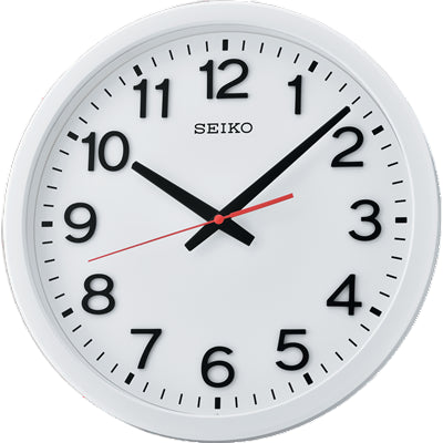 White Seiko Office Clock with a white dial and clear black numbers