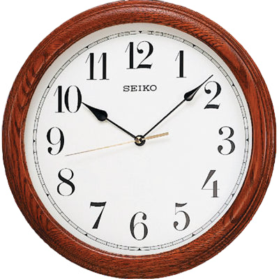 Seiko wooden wall clock with a white dial and black numbers.