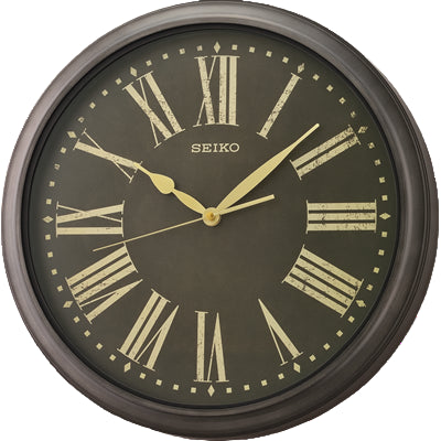 Seiko wall clock with roman numerals and a black dial and black frame