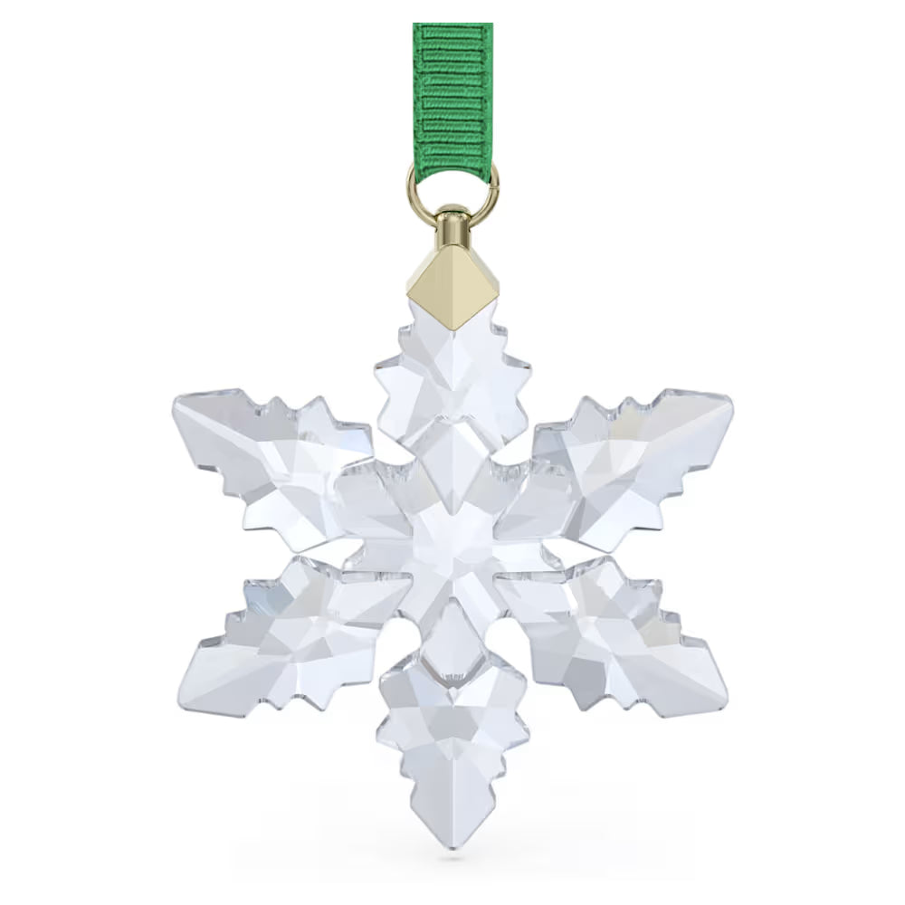 Swarovski crystal snowflake hanging christmas ornament with a green ribbon