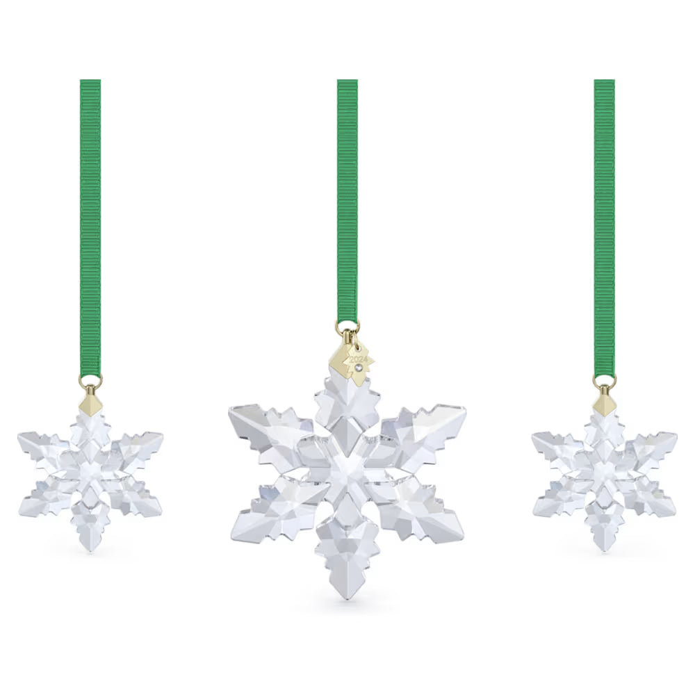 Set of 3 Swarovski crystal snowflake christmas decorations with green ribbons